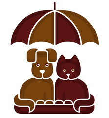 Cat and dog under an umbrella