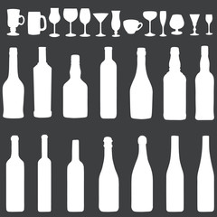 vector white silhouette icon set - bottles and stemware