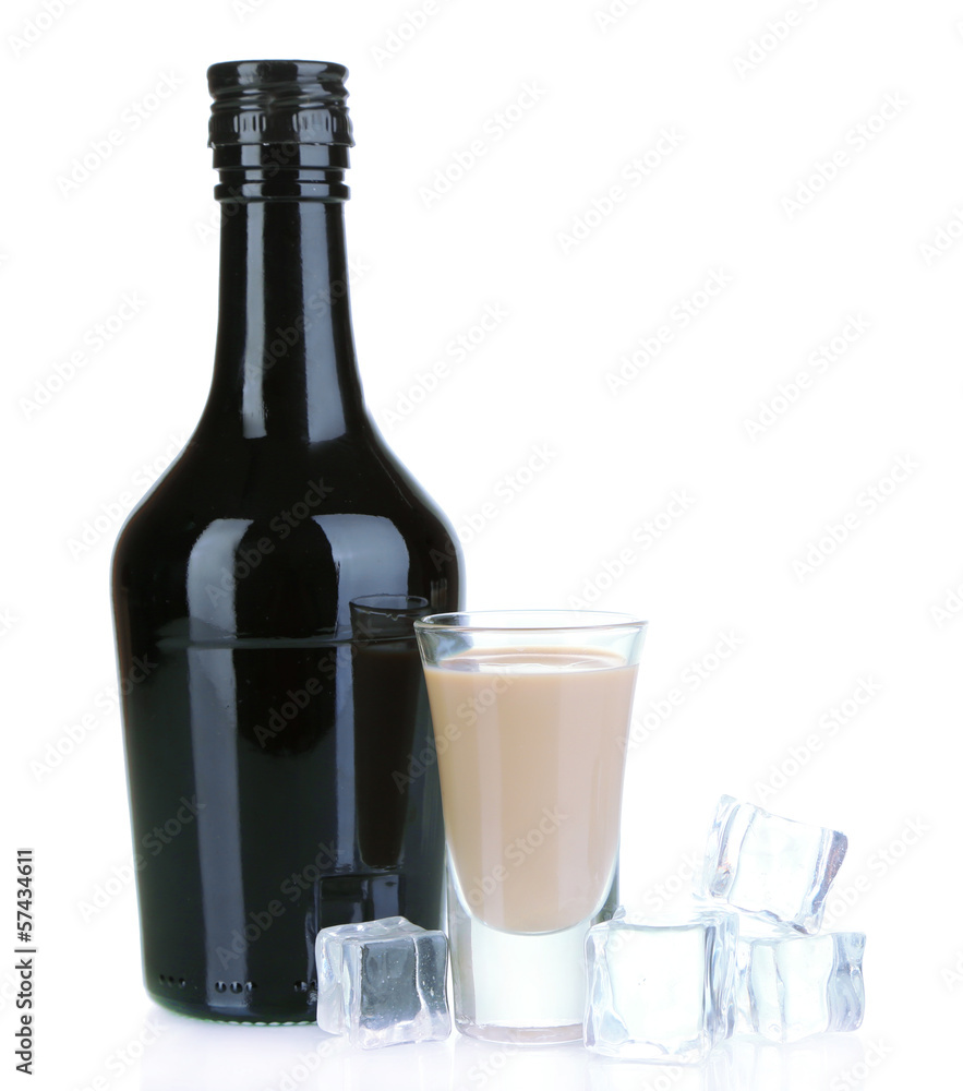 Wall mural Baileys liqueur in bottle and glass isolated on white