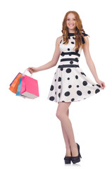 Woman with christmas shopping on white