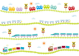 子供向け可愛い踏切のある線路を走る電車　はやぶさ