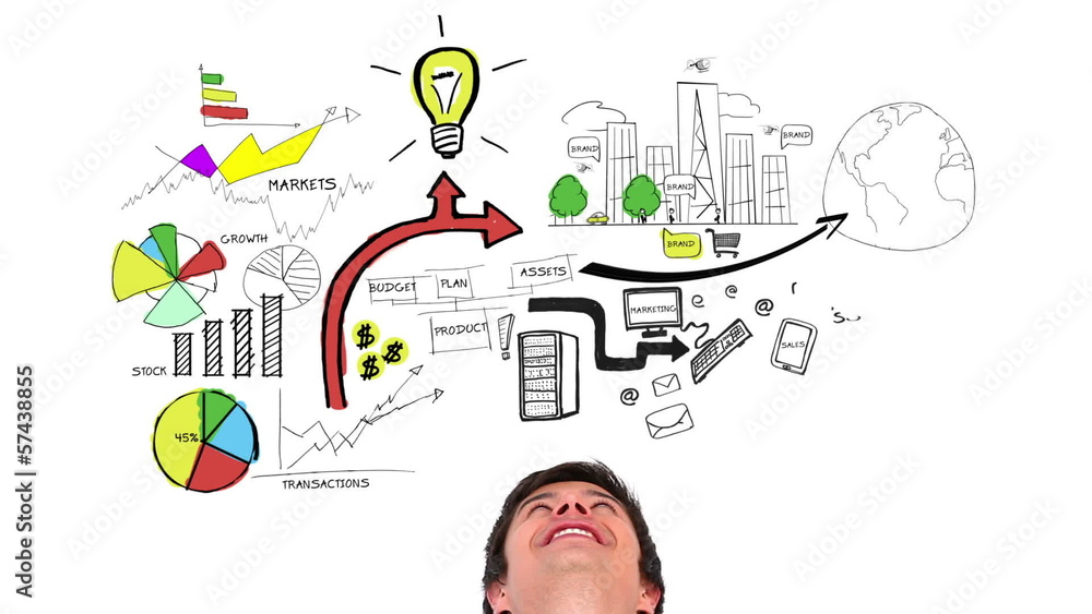 Poster colored animation showing business plan and a smiling man