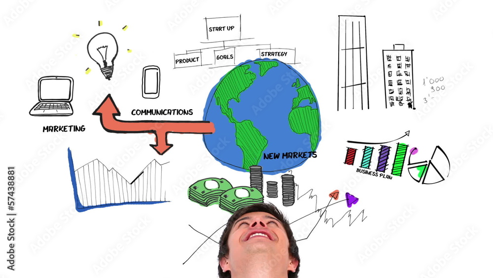 Poster colored animation showing business plan and a content man