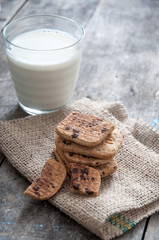 Stack of Chocolate chip cookie and glass of milk