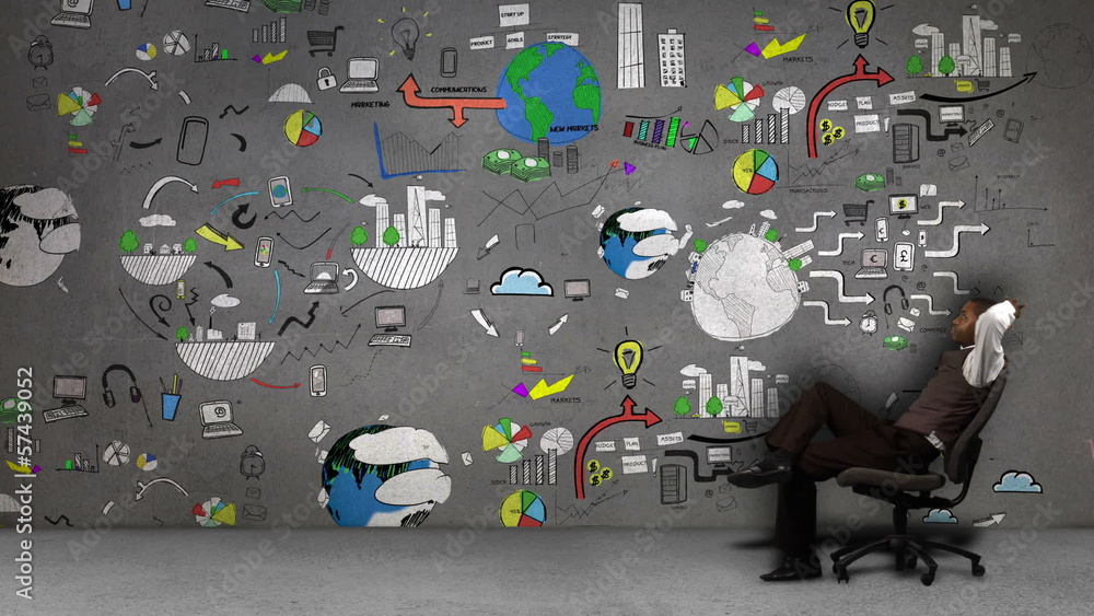 Poster businessman sitting in front of animated business processes