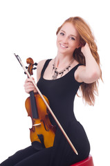 Woman with violin isolated on white