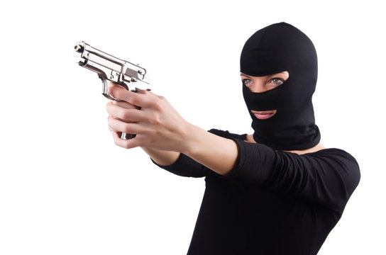 Burglar with handgun isolated on white