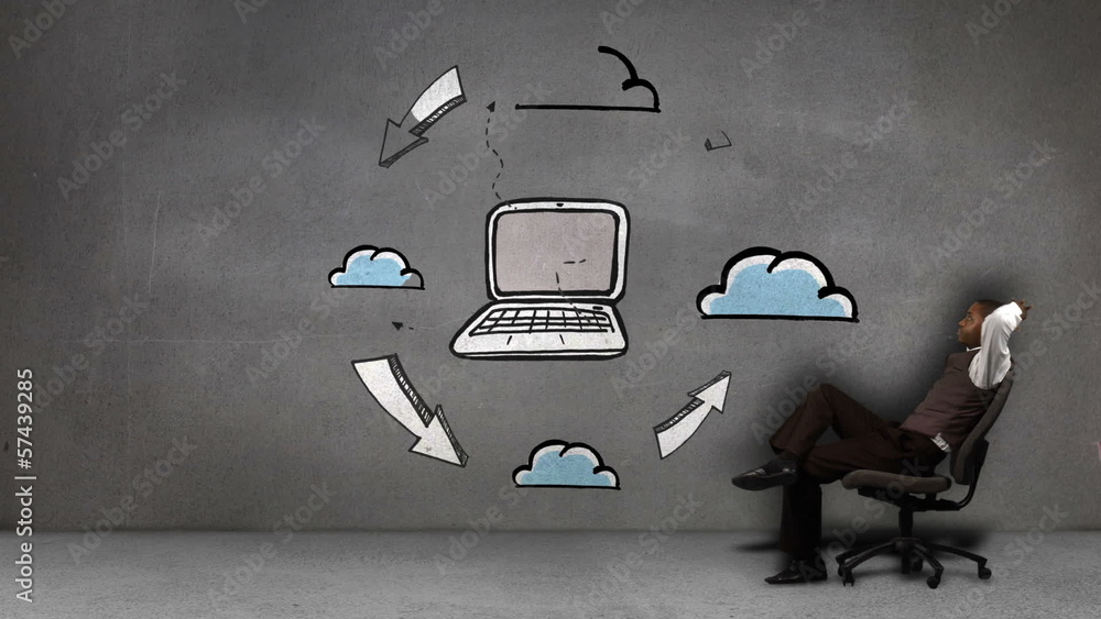 Poster businessman sitting in front of animated cloud computing