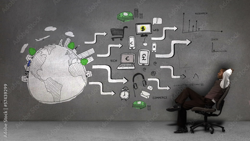 Poster businessman sitting in front of animated consumer behavior