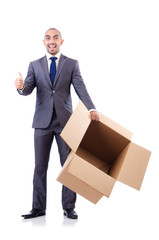 Businessman with box isolated on the white