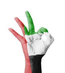 Hand making Ok sign, UAE (United Arab Emirates) flag painted