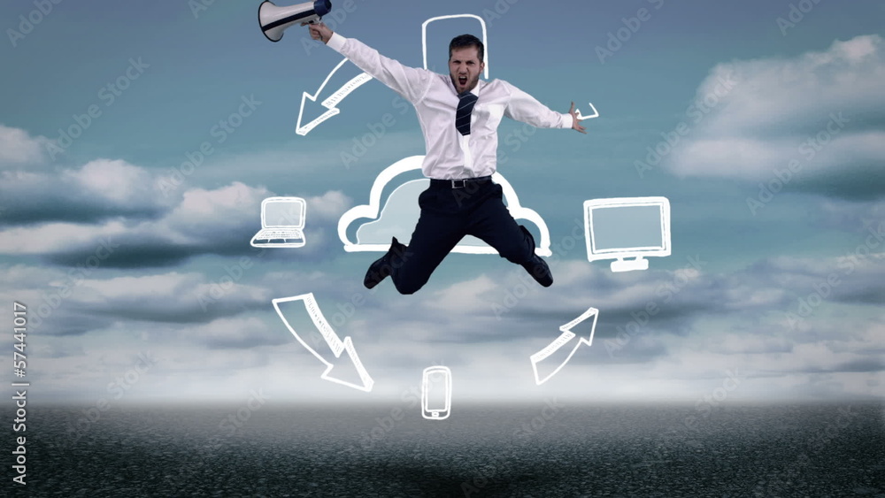 Poster Businessman jumping in front of animated cloud computing