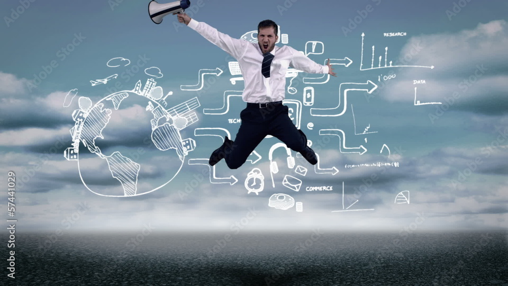 Poster businessman jumping in front of global consumer behavior