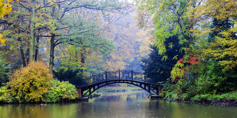 Panele Szklane  Jesień - Stary most w jesiennym mglistym parku