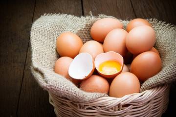 broken chicken eggs and egg yolk