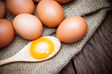 broken chicken eggs and egg yolk