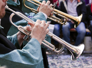 Trumpet of a musical band on the street in Moors and Christians