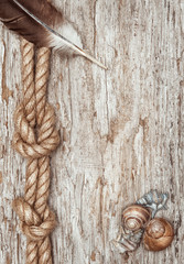 Ship rope, shells, feather and old wood border