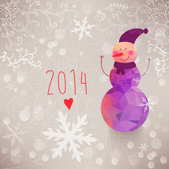 Winter backdrop with snowman made of triangles. Snowflakes compo