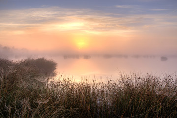 Fototapeta na wymiar Bardzo mglisty zachód słońca nad bagno
