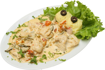 Chicken with sauce, vegetables and potato puree