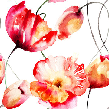 Fototapeta Wzór z tulipanów i kwiatów maku
