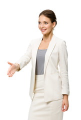 Half-length portrait of business woman handshake gesturing