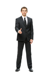 Full-length portrait of business man handshake gesturing