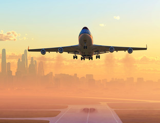 Plakat airplane taking off at sunrise