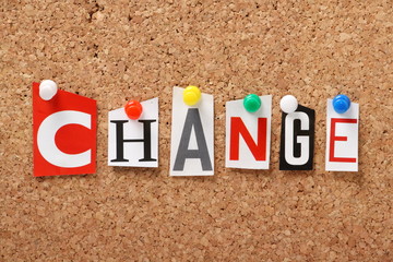 The word Change on a cork notice board