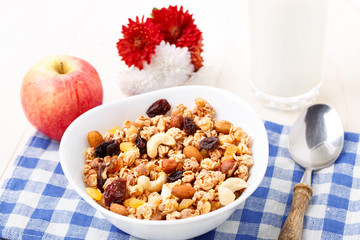 Healthy muesli breakfast with nuts and raisin