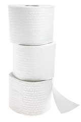 Three rolls of white perforated toilet paper isolated on white