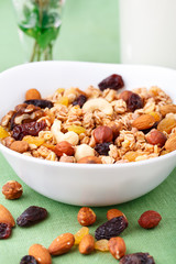 Healthy muesli breakfast with nuts and raisin