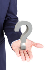 Business man holding a 3d question mark in hand palm