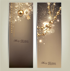 Elegant christmas banners with golden baubles and stars. Vector