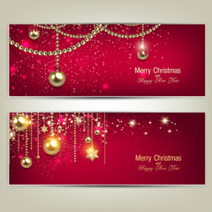 Set of Elegant Red Christmas banners with golden baubles and sta