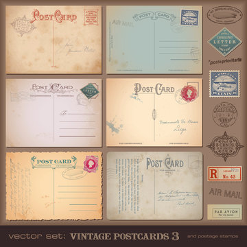 set of nostalgic postcards and stamps