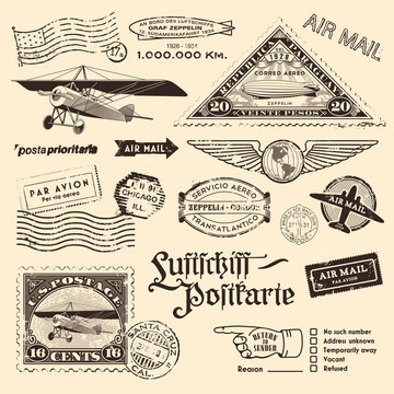 vintage air mail stamps and other postage design elements