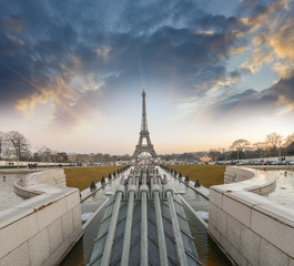 La Tour Eiffel, Paris. Sunset colors over famous Tower, view fro