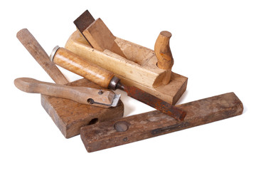 set of old wooden hand tools isolated on white background