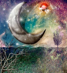 Papier Peint photo Lavable Imagination Paysage de contes de fées avec la lune et les étoiles