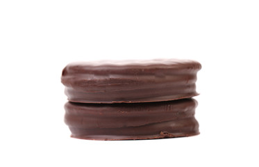 Stack biscuit sandwich with chocolate.