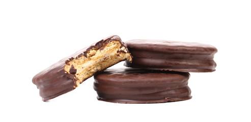 Bitten biscuit sandwich with chocolate.