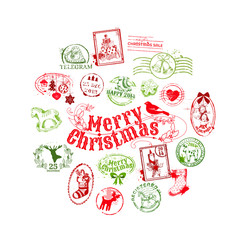 Christmas Card with Postage Stamps - for design, scrapbook