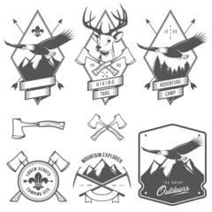 Vintage hiking and camping labels, badges and design elements