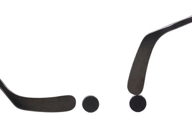 Two black ice hockey stick and puck.