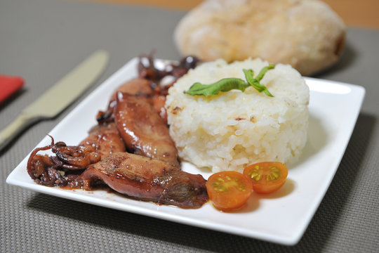 squid stew garnished with white rice