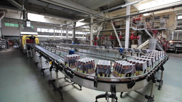 The brewery. Packaging of bottles moving on conveyor.