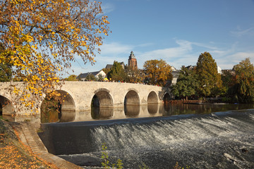 Old stone bridge over the Lahn river in Wetzlar, Germany