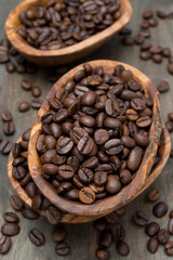 coffee beans in a wooden bowls, top view